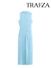 TRAFZA 2025 Spring Women Fashion Midi Dresses Split Hem O-Neck Sleeveless Fold Decorated Dress Solid Back Zipper Retro Dresses 3