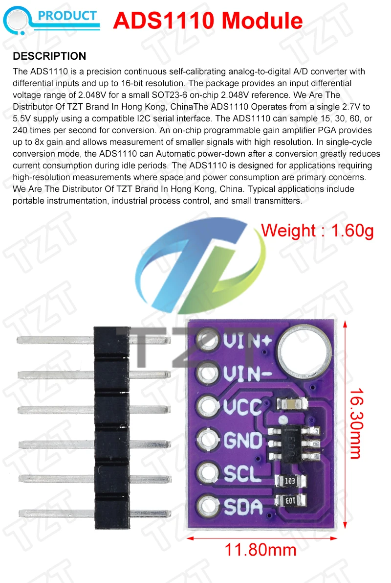 1/2/5PCS TZT ADS1110 16-Bit Analog/Digital AD Konverter Thermoelement-Temperaturerkennung 1110 2,7-5,5V 240uA – Detail 1