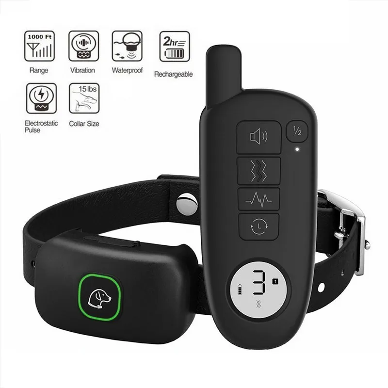 Pet Dog Training Collar Dog Bark Stopper 1000FT Pet Dog Training Collar IP67 Waterproof Rechargeable Electric Remote Shock Vibration Sound Bark Stop Collar
