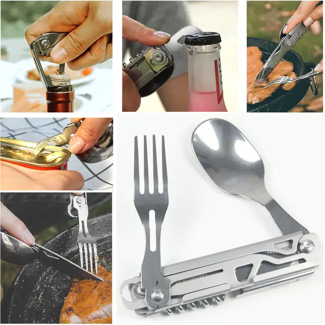 Posate Da Campeggio 6 In 1 Pieghevoli - Coltello, Forchetta, Cucchiaio, Apribottiglie In Acciaio Inox