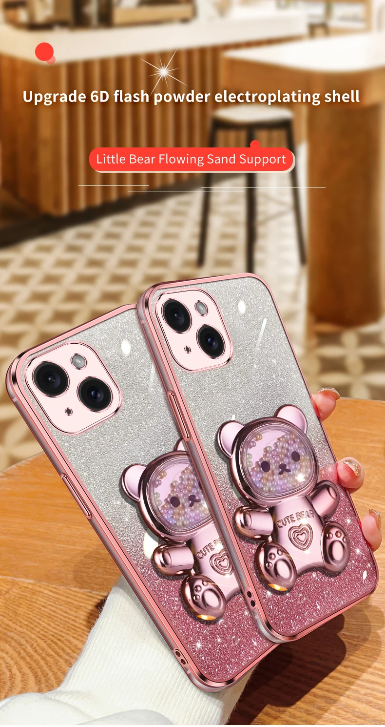 Coque de téléphone avec support à paillettes, ours mouvant, étui pour iPhone 15 14 12 13 11 Pro Mini 13pro X Xr Xs Max 7 8 6 Plus_voghion.com