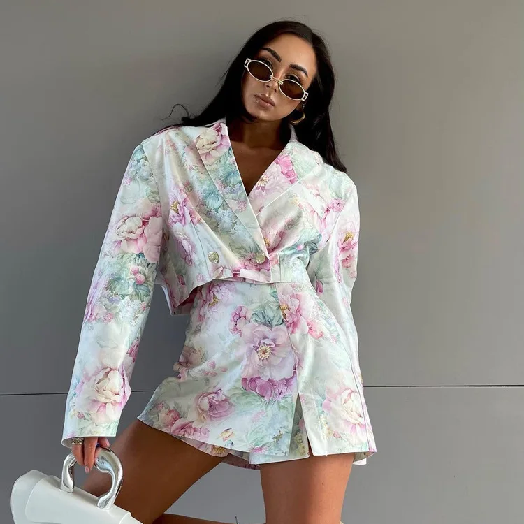 Printed Fashion 2 Piece-Set Skirt Female V-Neck Cropped Top And Mini Skirt Sets Commute Clothes Women's Contrast Outfits