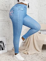Plus Size High Waisted Skinny Jeans Faux Denim Printed Stretch Leggings Distressed Effect Women's Comfortable Fit Stretchy Pants - Image 2