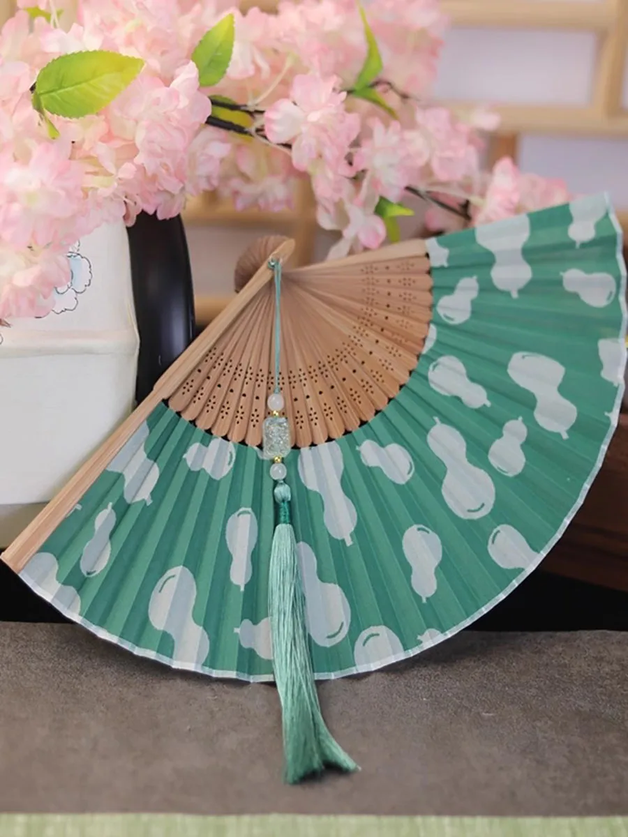 Green Gourd Pattern Chinese Folding Fan - Elegant Vintage Handheld Fan for Women, Summer Hanfu Cheongsam Zen Fan with Tassel