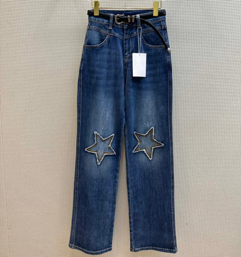 Brand New Autumn Chic Women Vintage Belt Straight Denim Pants High Quality High-rise Jeans C295