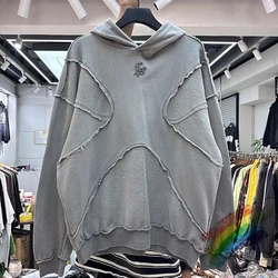 Vintage Washed Embroidered Patchwork Hoodie Men Women Top Quality Heavy Fabric Sweatshirts Oversize Pullovers Hooded