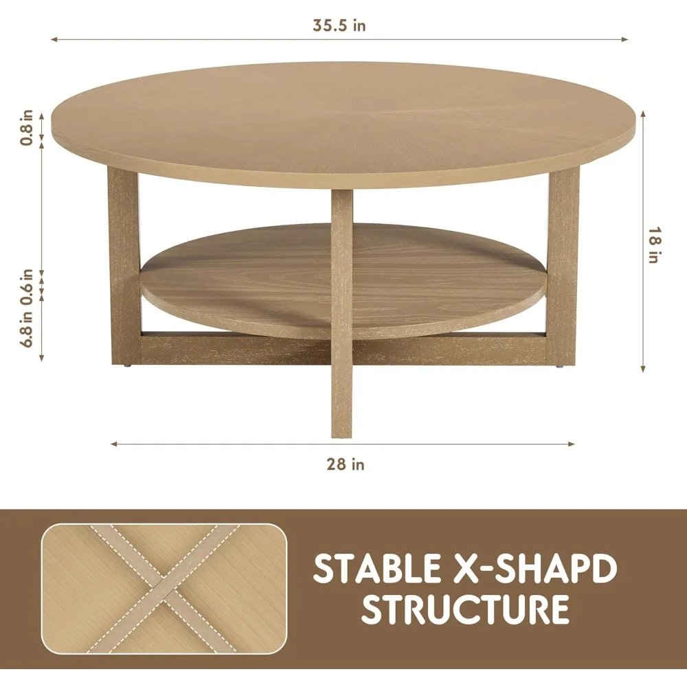 2-Tier Solid Wooden Circle Coffee Table for Living Room, Circular Rustic Farmhouse Coffee Table with Storage Shelf 2