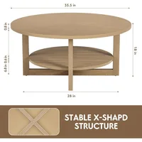 2-Tier Solid Wooden Circle Coffee Table for Living Room, Circular Rustic Farmhouse Coffee Table with Storage Shelf 2
