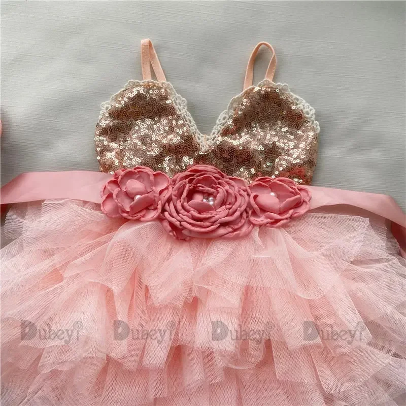 Girls Dress Shinny Flower Girls Dress for Kids Summer Toddle Party Gown Gold Sequined Layered Tutu Dress Children New Year Clothing kids clothes