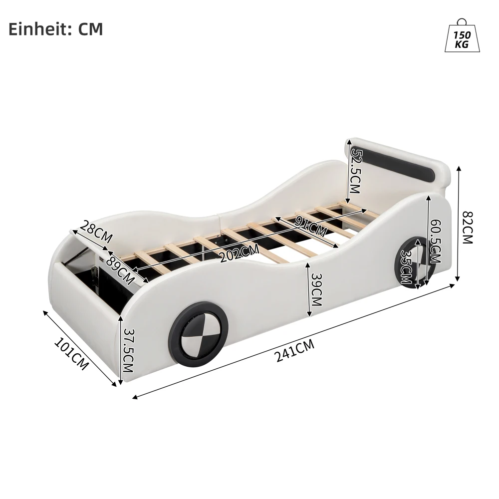 Gelbes PU-Leder-Autobett für Kinder, gepolstert, 90 x 200 cm, mit leuchtenden Rädern, Kinderbett für Jungen und Mädchen, Schlafzimmermöbel – Detail 25