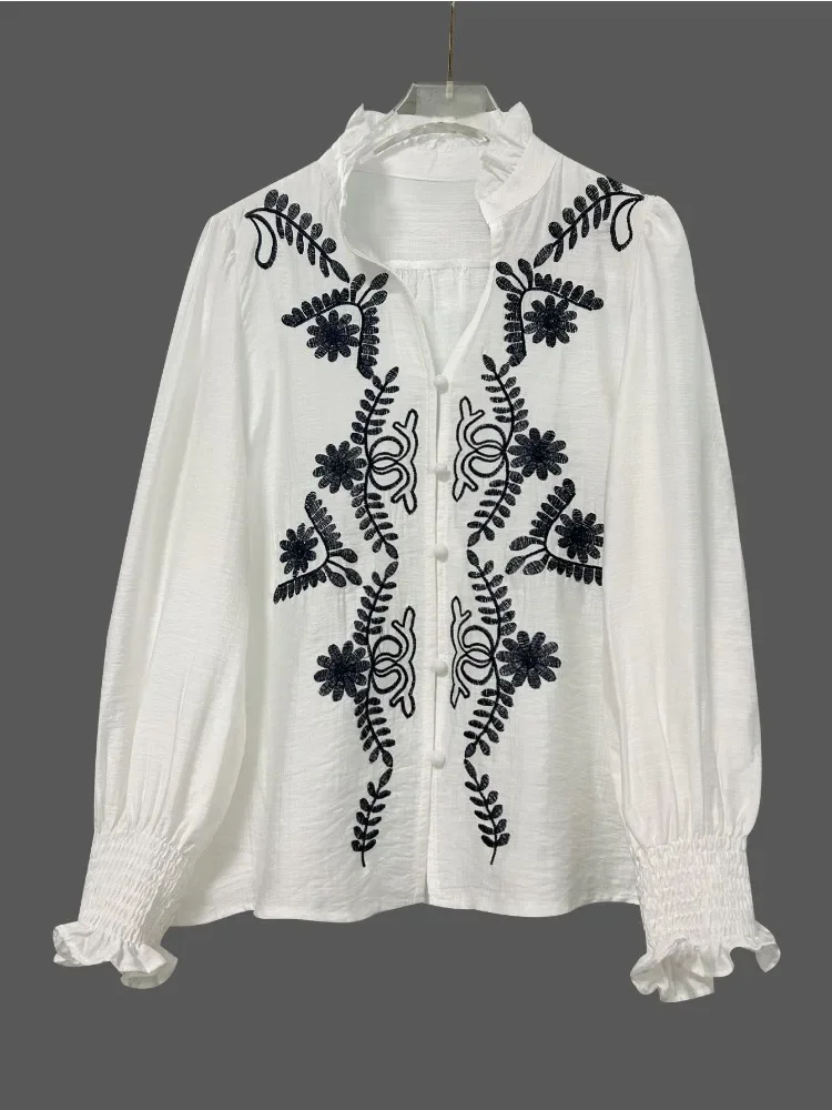 Elegant Autumn New Women's V-neck Shirt Fashion Flower Embroidered Cardigan Single-breasted Lantern Sleeve Office Casual Blouse