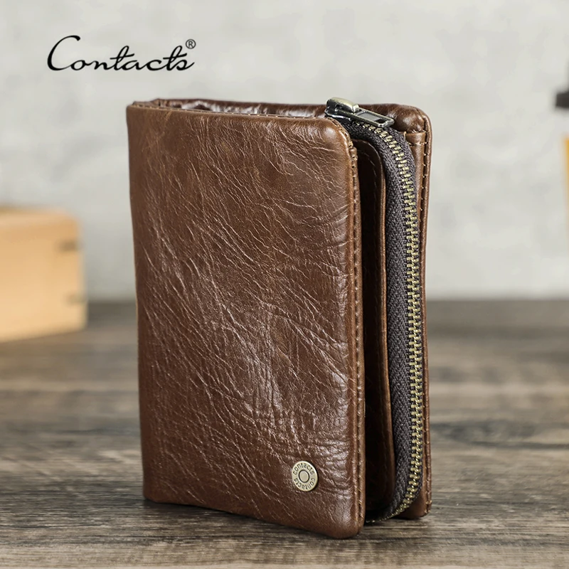 Contact's Genuine Crazy Horse Leather Men Wallets Vintage Trifold Wallet  Zip Coin Pocket Purse Cowhide Leather Wallet For Mens - Wallets - AliExpress