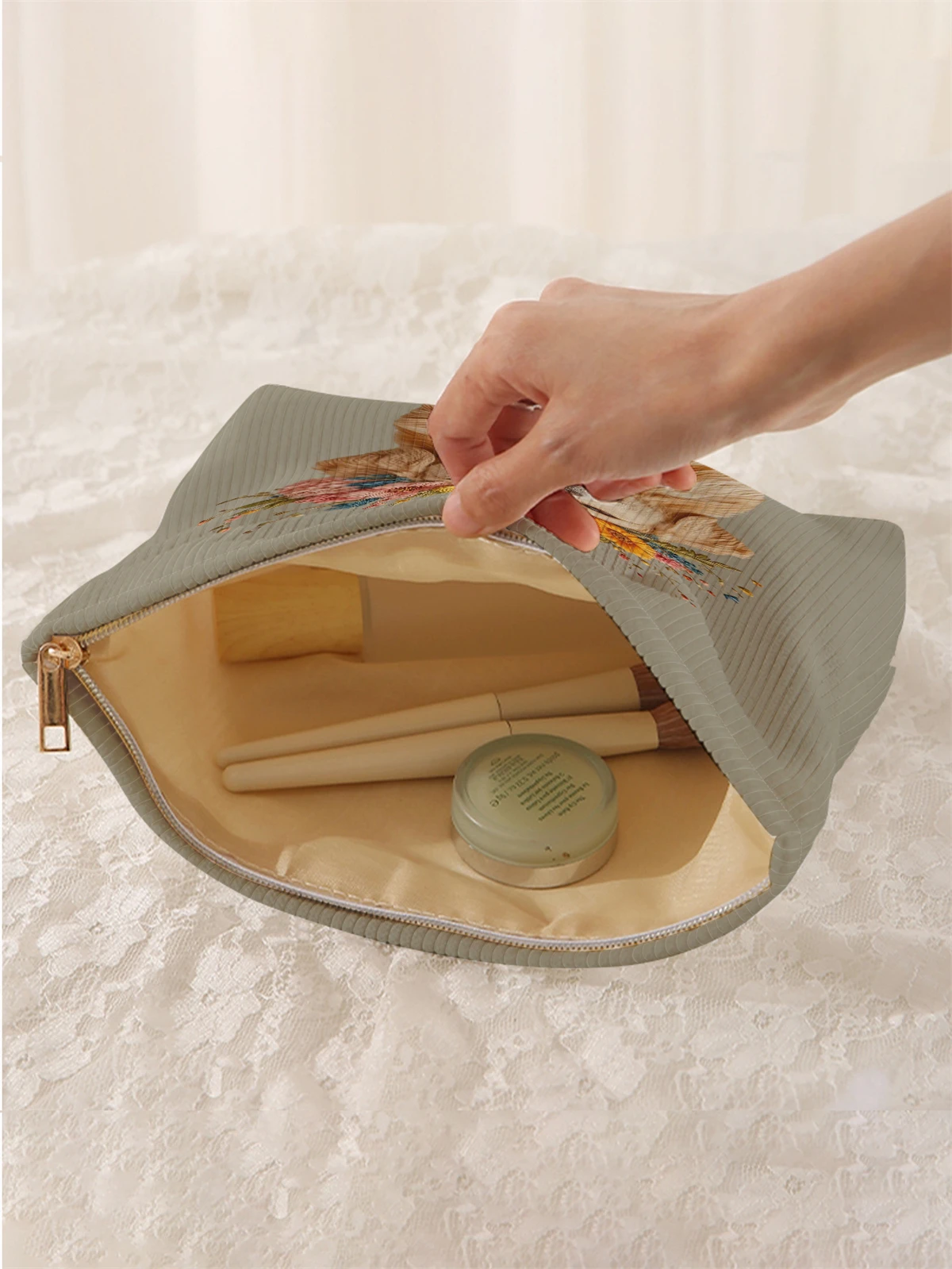 1 cartoon dog pattern printed corduroy makeup bag, lightweight zipper makeup storage box, multifunctional bag with lining