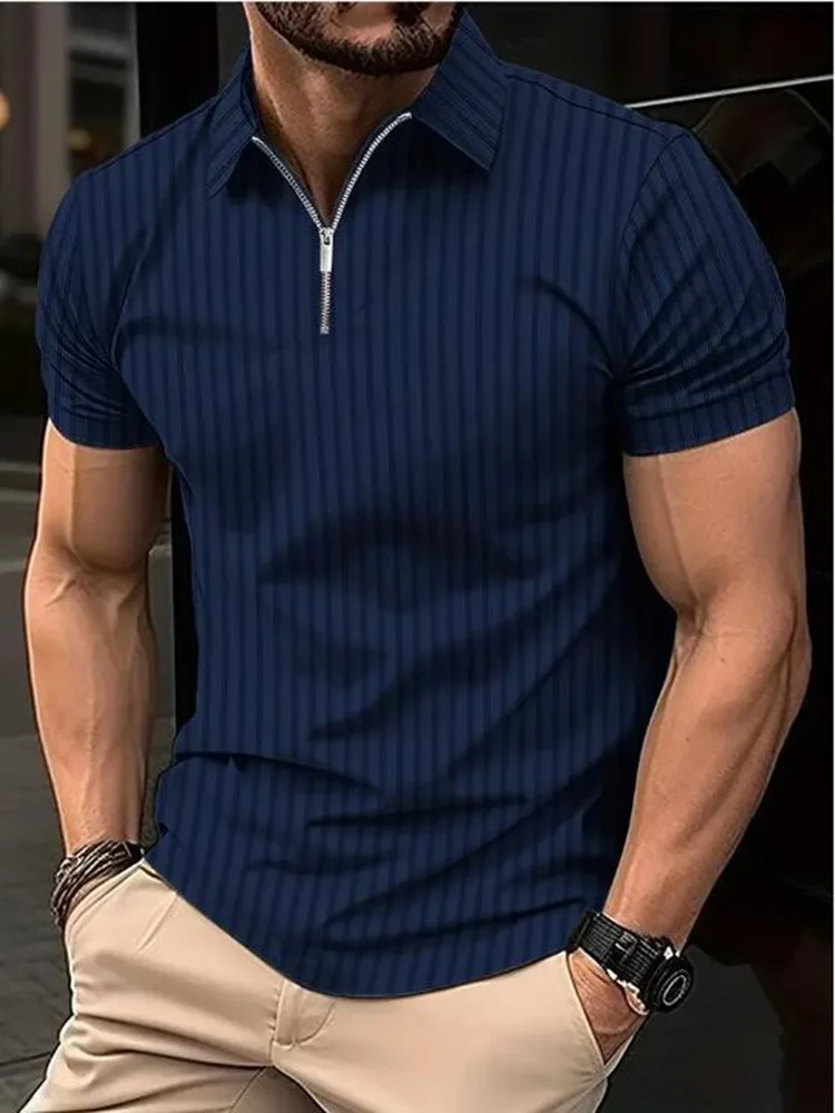 Summer Men Stripe Fashion Short Sleeve Polo Shirt Half Zip Solid Elastic Office