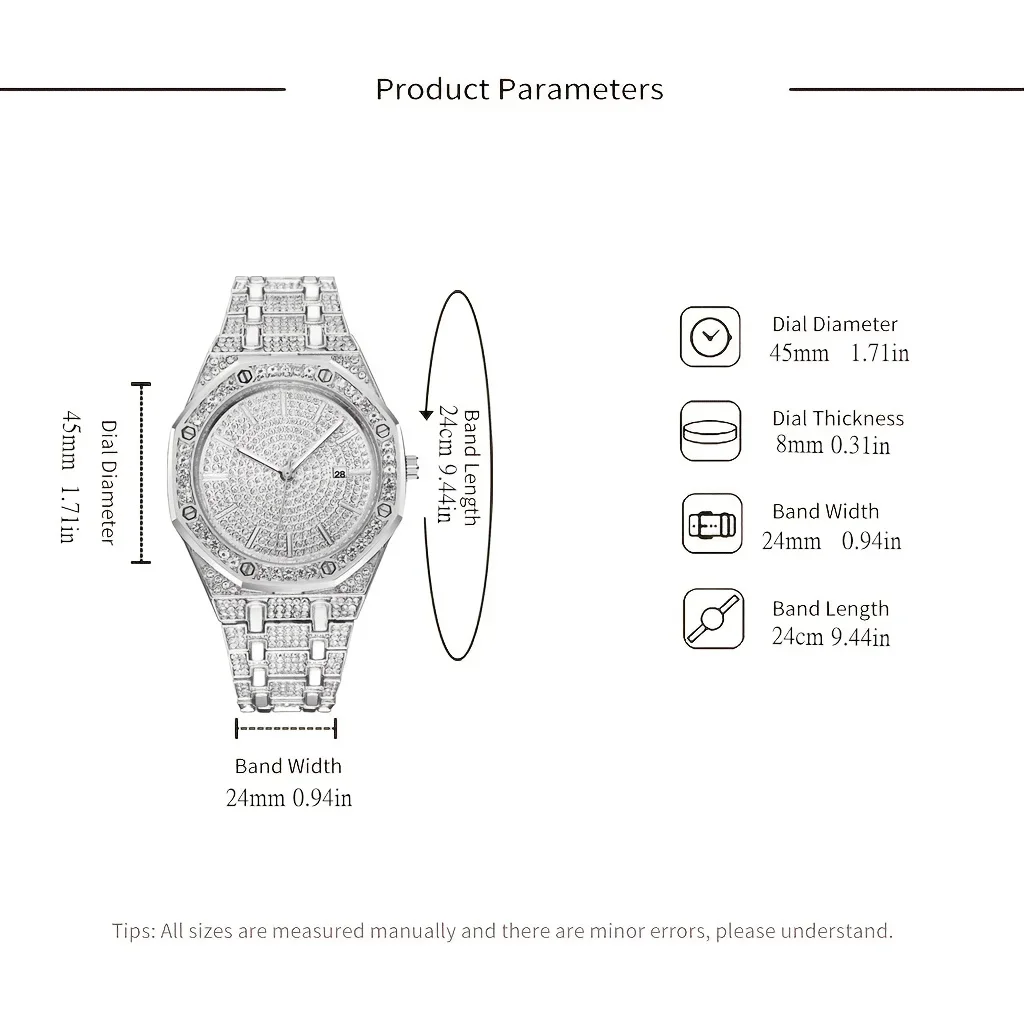 Big Size Artificial  Diamond Luxury Men's Watch Business Party Avant-Garde Calendar Quartz Men's Watch