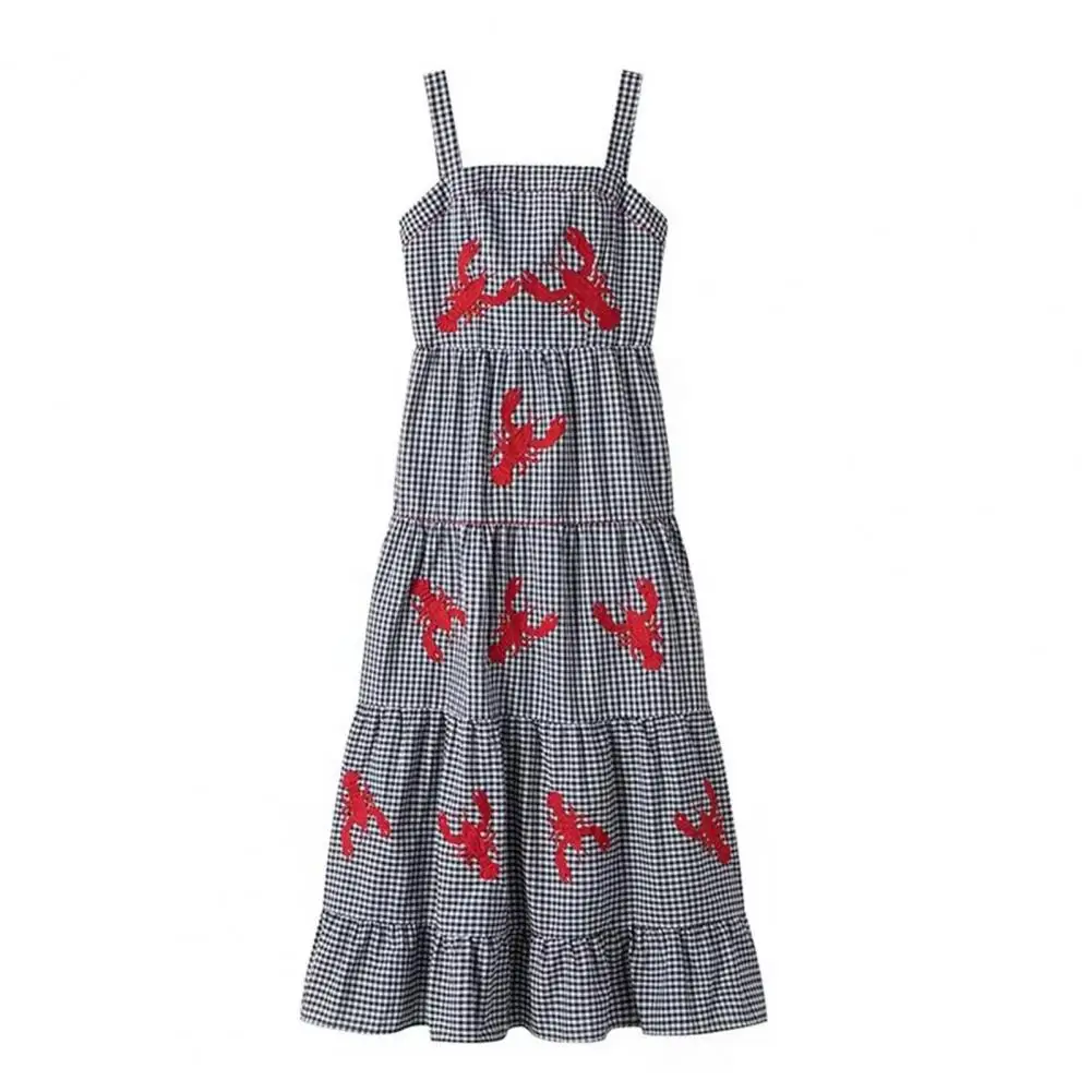 

Loose Fit Dress Embroidered Lobster Plaid Midi Dress for Summer Vacation A-line Style with Square Neck Loose Hem Soft Breathable