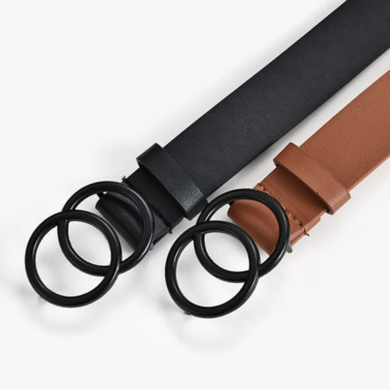 

Korean Version of The Double Ring Black Buckle Belt for Woman Simple with Fashion Jeans Accessories Retro Casual New PU Belt