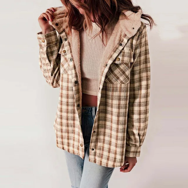 Women'S Winter Jacket Plaid Shacket Jacket Long Sleeve Button Down Fleece Hooded Jackets Korean Reviews Many Clothes 2