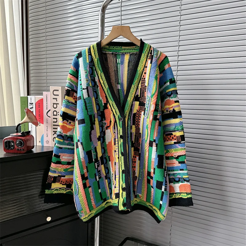 

Autumn Winter 2023 Korean New Loose V-neck Striped Knit Women Cardigan Loose Female Sweater Jacket Coat