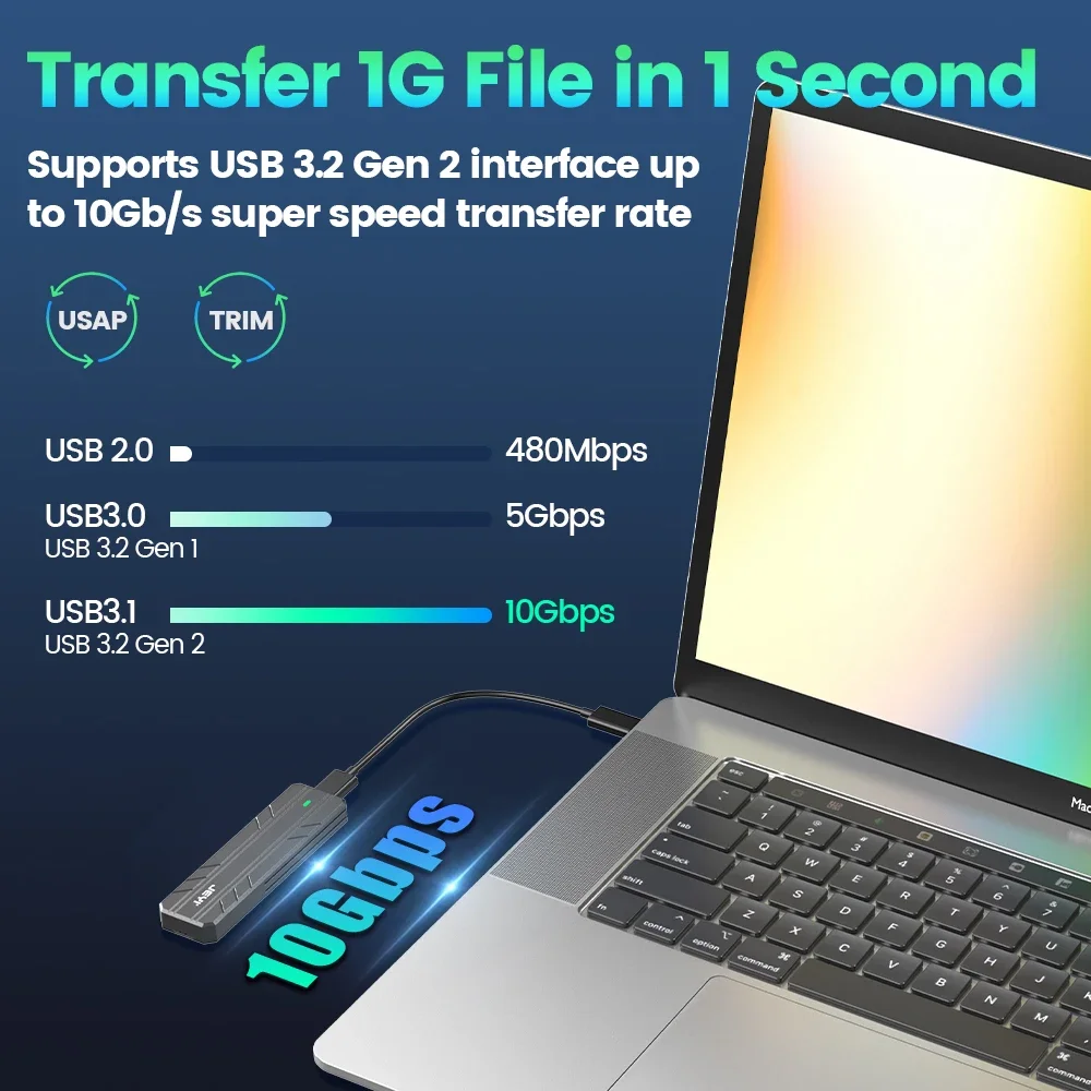 JEYI M.2 NVME SATA SSD Enclosure USB C 3.2 Gen 2 10Gbps or 6Gbps SATA M-Key(B + M Key) SSD Reader Dual Protocol Hard Disk Case
