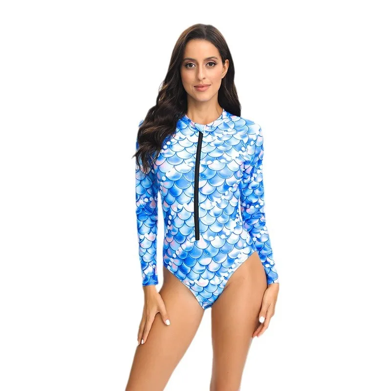 One-Piece Swimsuit for Women, Long Sleeve Bikini with Zipper, Fish Scale Print, Fashion Surfing Suit, Wire Less Swimwear