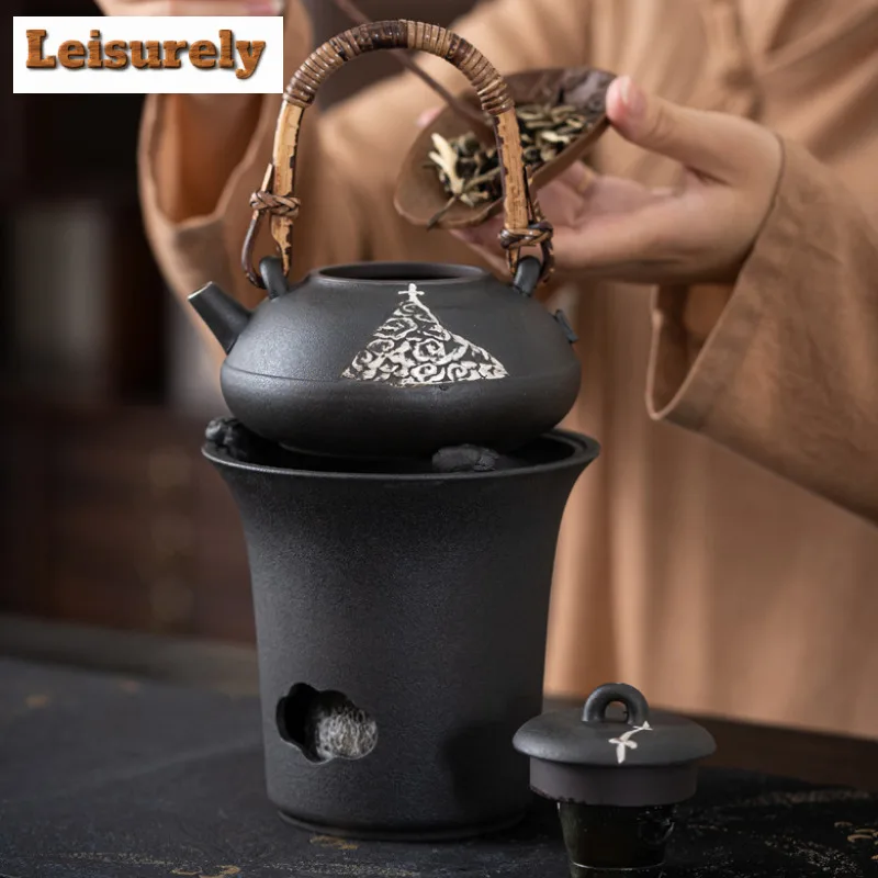 Japanese Crude Pottery Handmade Alum Black Teapot Warmer Ceramic Retro Tea Stove Candle Holder Kettle Holder Tea Stove Tea Set