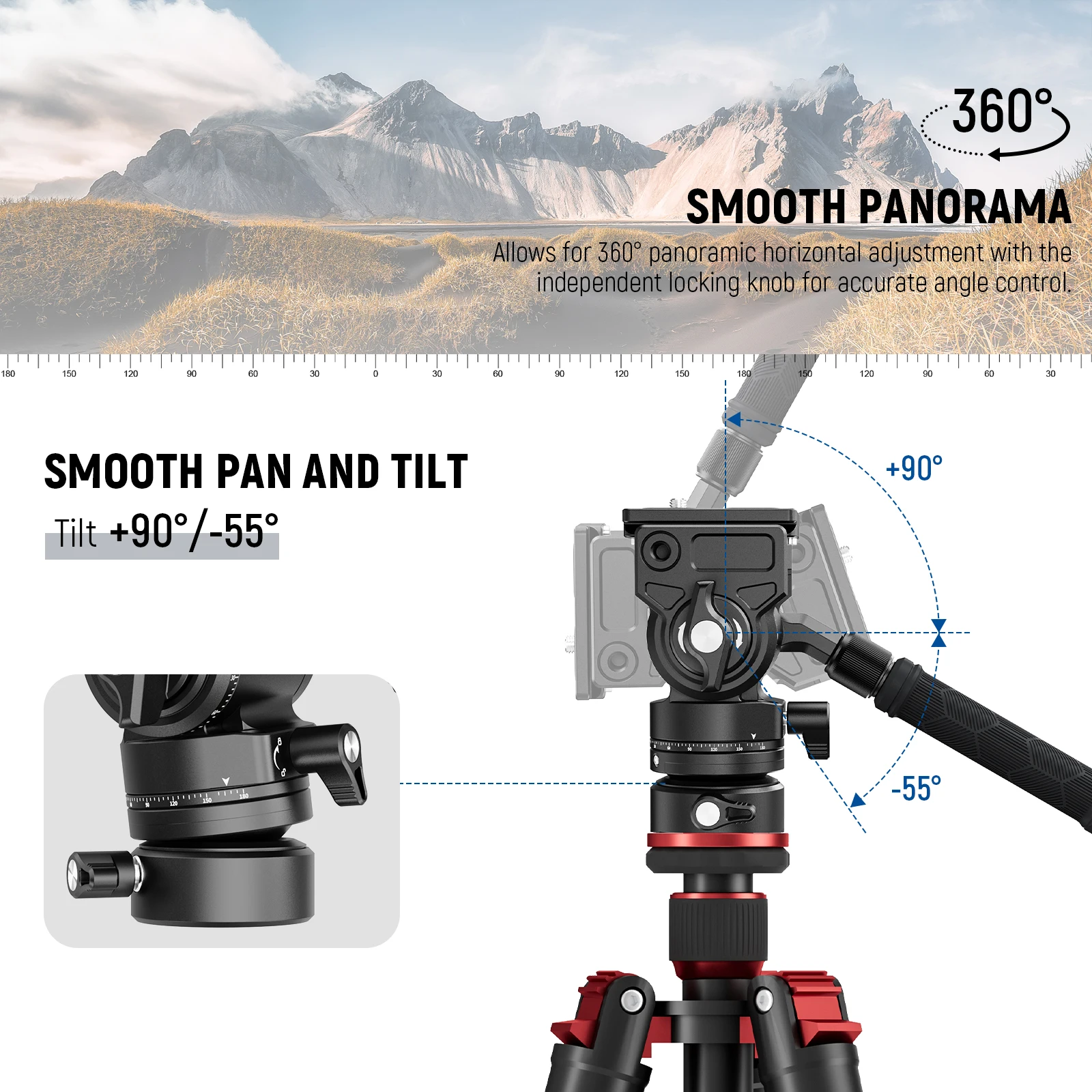 NEEWER Tripod Fluid Head with Leveling Base Metal Mini Pan Tilt Video Head Mount Telescopic Handle for DSLR Camera