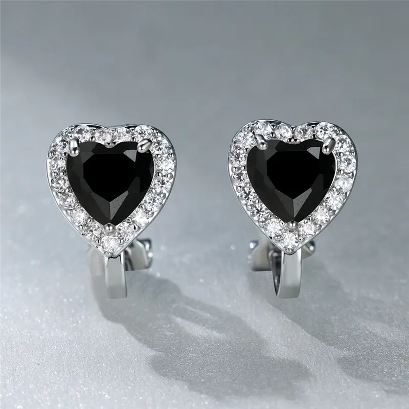 Vintage Black Stone Clip Earrings Pink Crystal White Zircon Love Heart Earrings For Women Dainty Silver Color Birthstone Jewelry