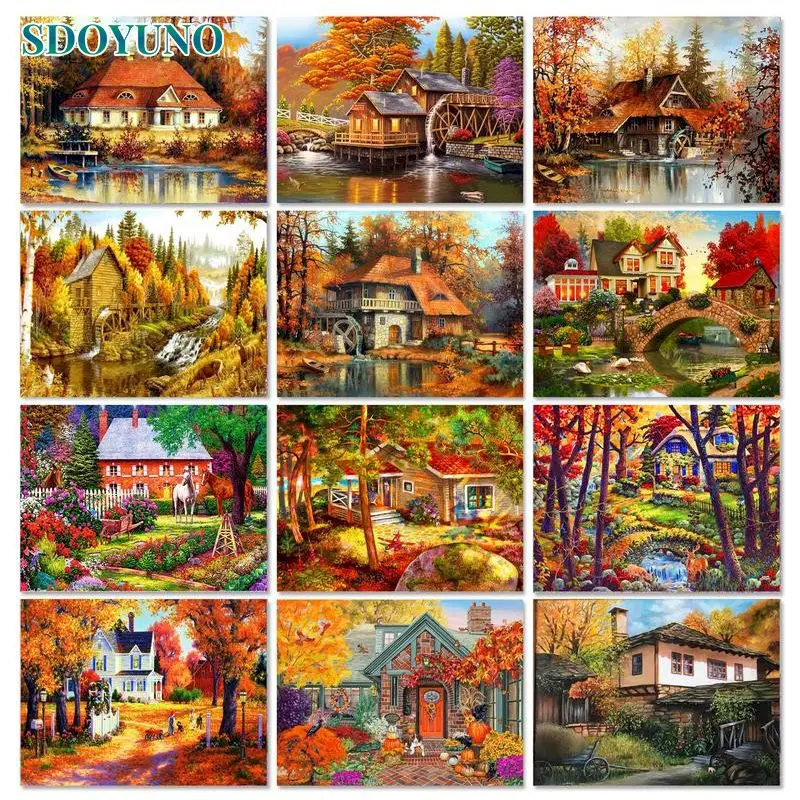 

SDOYUNO Autumn House DIY Painting By Numbers Landscape Paint By Numbers Canvas Drawing Home Decor Frame HandPainted Diy Gift