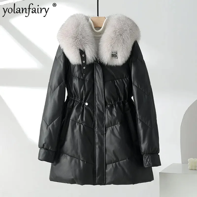 

2024 Winter Down Jacket Women Fox Fur Collar Leather 90% White Goose Coat Women's Medium Long Thick Real FCY