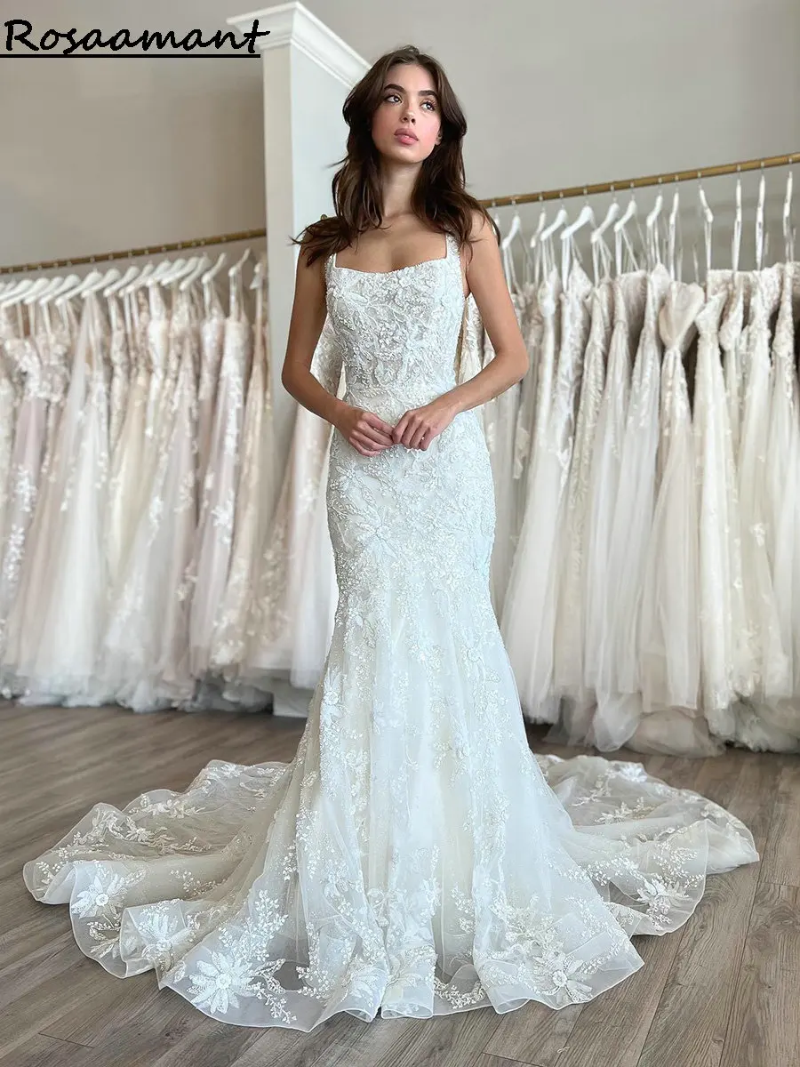 

2024 3D Floral Lace Mermaid Wedding Dresses Square Collar Sleeveless Bridal Gowns