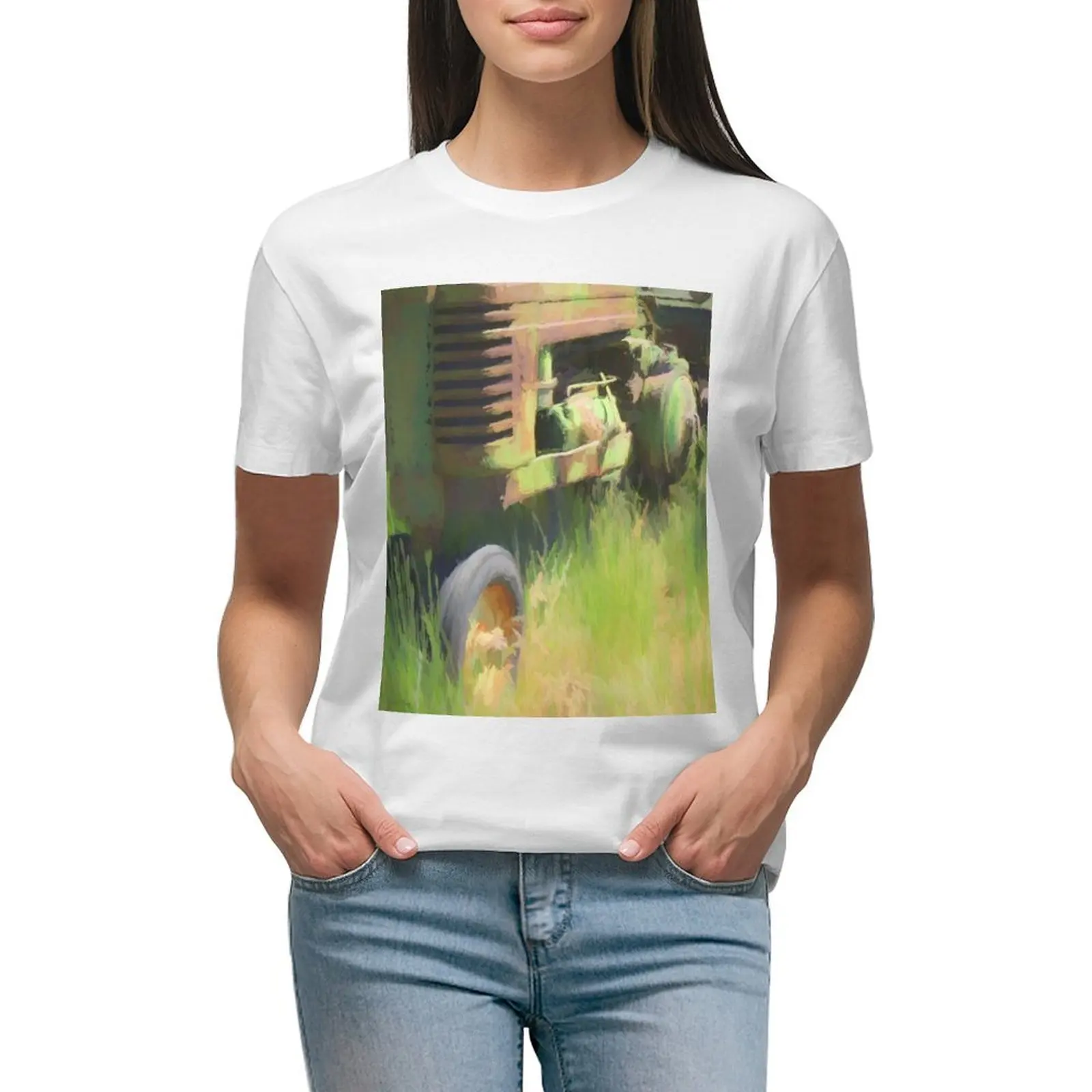 

Green Tractor in the Grass T-shirt vintage clothes Aesthetic clothing plus size tops Women's tops