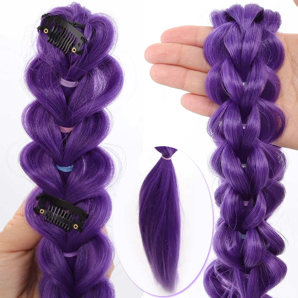 합성 땋은 보라색 머리 포니테일 어린이 의상 헤어스타일 36인치 긴 포니테일 클립 포함 어린이 소녀 할로윈 크리스마스용