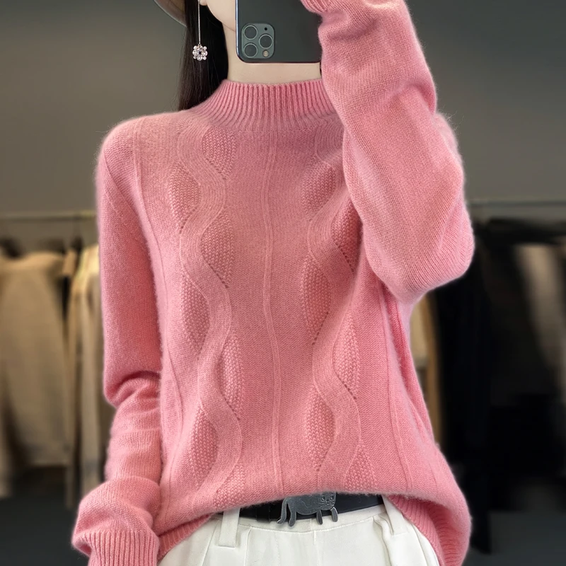 

100% pure merino sweater women's winter semi-turtleneck pullover fashion long-sleeved knitted pullover bottoming coat
