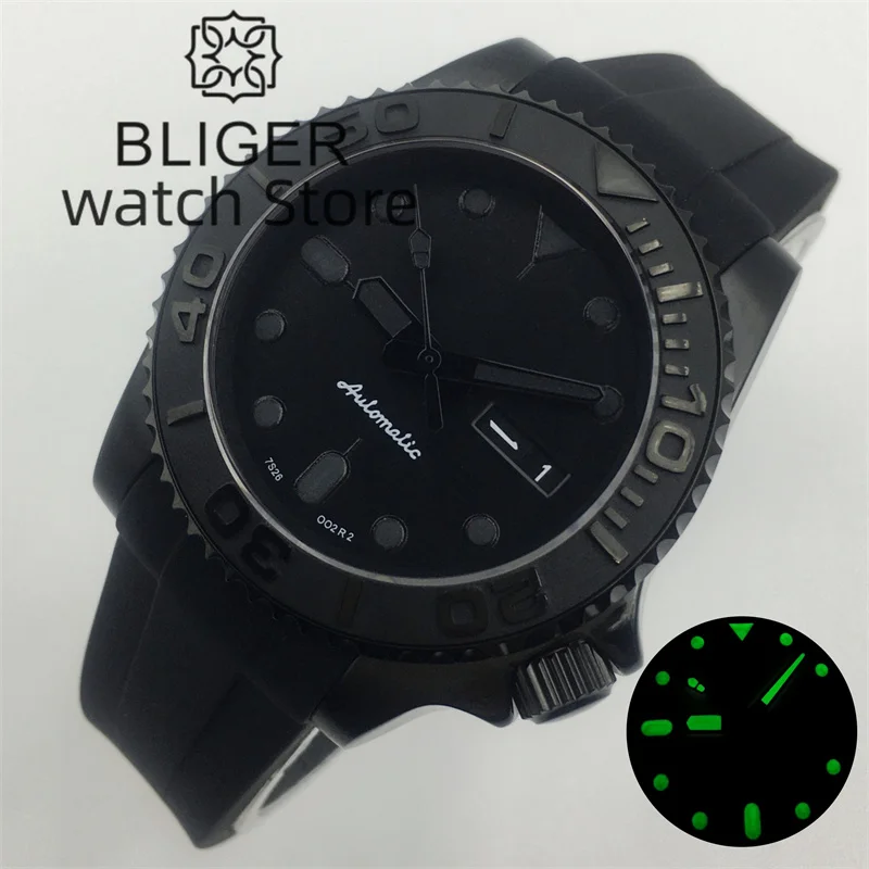 BLIGER 40mm Mechancial Men Watch Black Dial Luminous Sapphire Glass NH36A Movement Rubber Strap Date with week display function