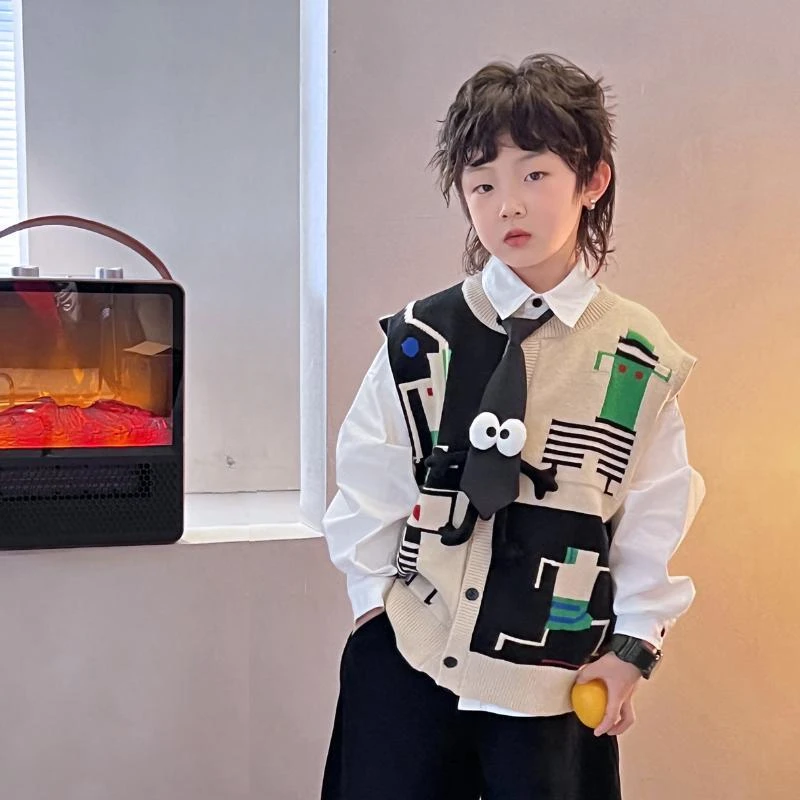 Children's Shirts Kids Boys Letter Tie Long Sleeve Baby Academy Style Cotton Shirt Spring Autumn Teen Boy Outerwear