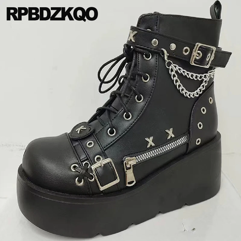 

Boots 43 Punk Wedges Shoes Belts Biker Spike Patent Leather Platform Ankle Chain Bear Lace Up High Heels Big Size Zip Women Goth