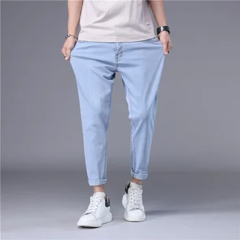 Summer Thin Men's Jeans Korean Style Blue Black Solid Color Stretch Straight Stylish Slim Fit Foot Denim Cropped Pants Male