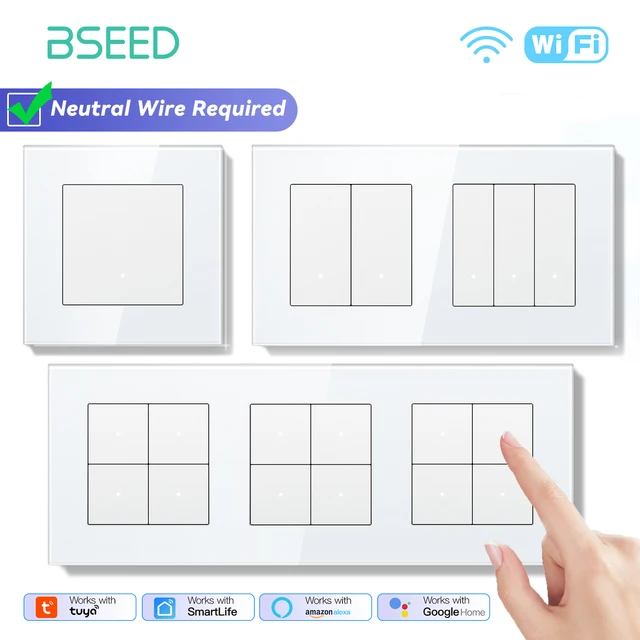 BSEED WIFI Light Switch 1/2/3/4Gang 2Way Smart Click Button Switch Glass Panel White LED Indicator Tuya Smart Life Alexa Control