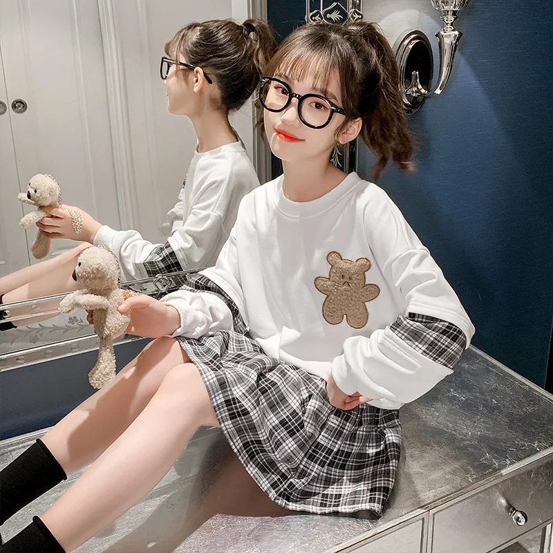 3-14 Years Teenager Girls Outfits Cute Bear Sweatshirt + Plaid