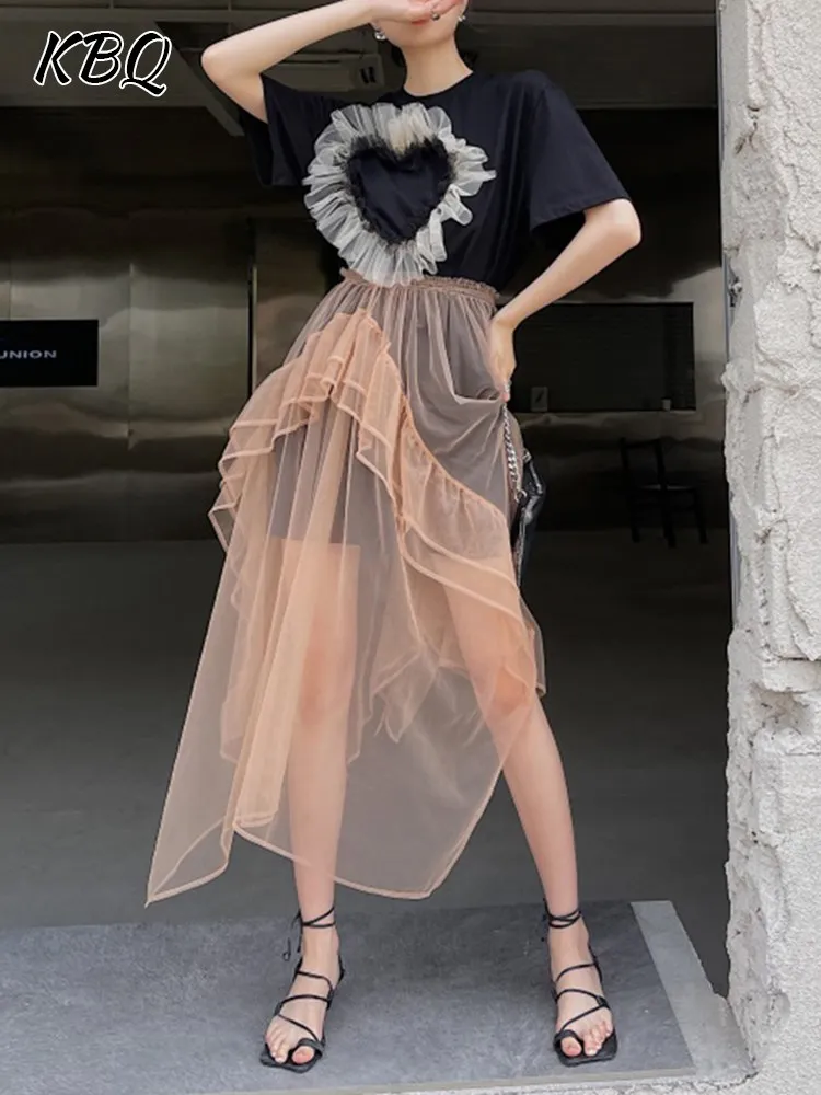 

KBQ Casual Spliced Mesh Two Piece Sets For Women Round Short Sleeve Loose Pullover Tops High Waist Skirt Hit Color Set Female