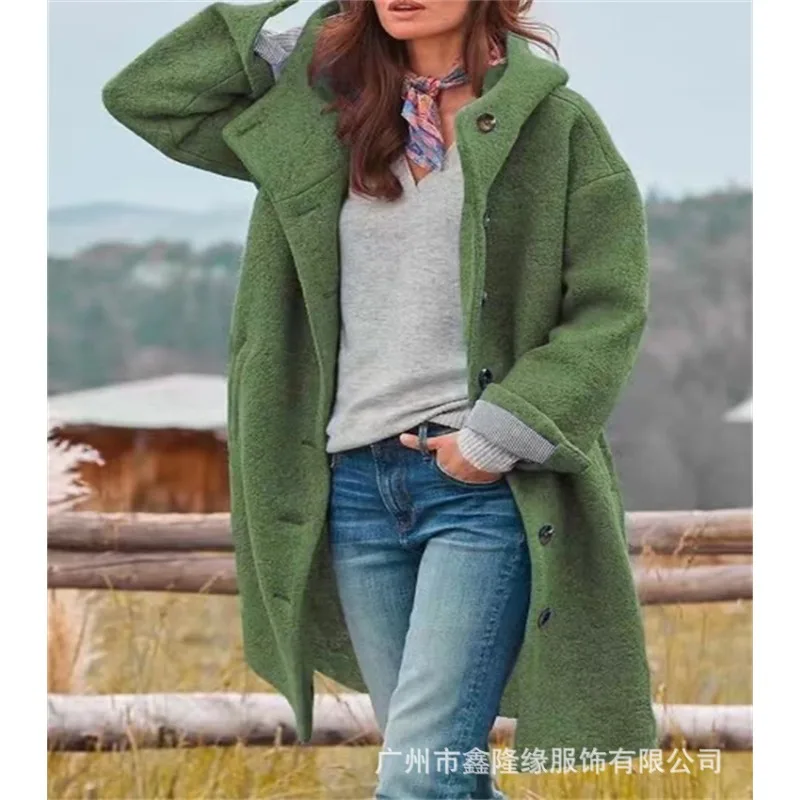

Women Woolen Jacket Fashion Solid Buttons Mid Length Ladies Jacket Hooded Pockets Loose Elegant Coat Women Winter Warm Clothing