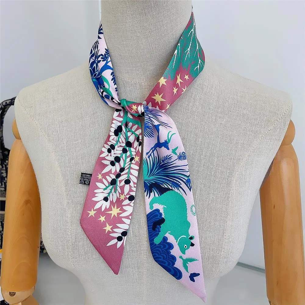 Neuer modischer, vielseitig kombinierbarer Seidenschal im koreanischen Stil mit Maya-Dschungeltieren, Twill-Langstreifen, kleiner Schal, zum Binden einer Tasche, Band, Schleife – Detail 9
