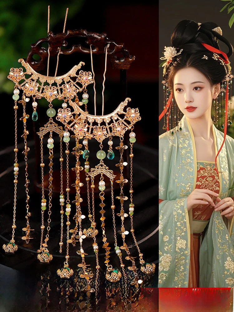 녹색 긴 태슬 머리핀 작은 머리핀 한푸 명나라 스타일 헤어 액세서리 고대 의상..