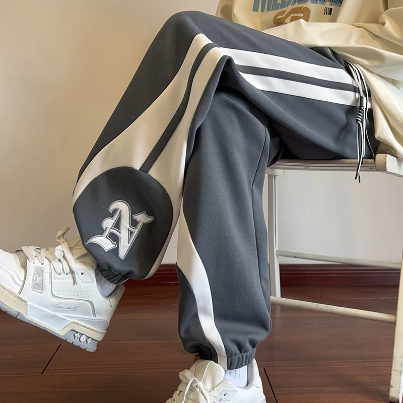 3 Colors Men Sweatpants Korean Street Casual Pants Fashion Patchwork Letter Embroideries Straight-leg Trousers Male Sports Wear 2