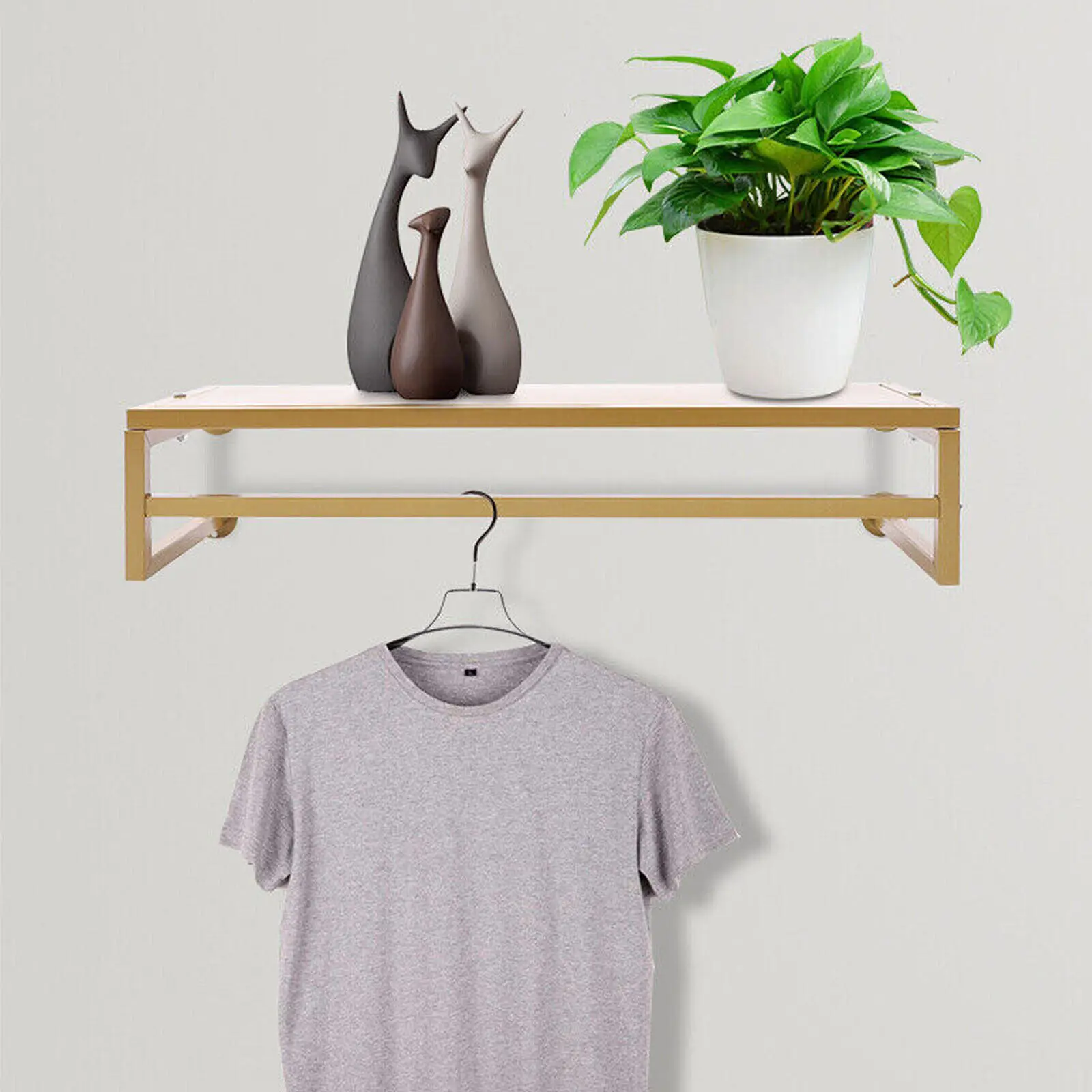 

Wall Mounted Clothes Rack with Top Shelf Garment Rack Display Rack Metal Cloths Hanger Space-Saving Clothing Storage Rack Gold