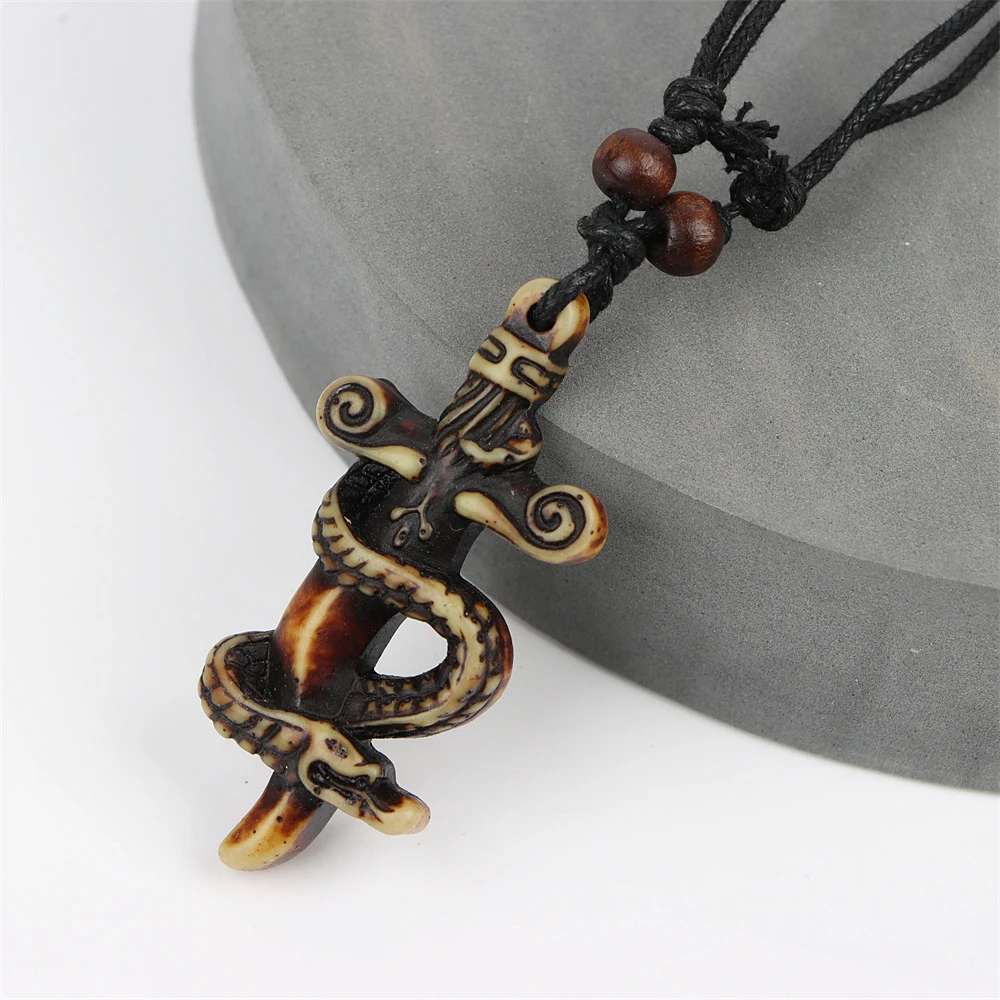 Retro Punk Gothic Schildkröte Schädel Tier Holz Halskette Männer Frauen Astrolabium Indisches Kreuz Einstellbare Seil Kette Schmuck Zubehör – Detail 5