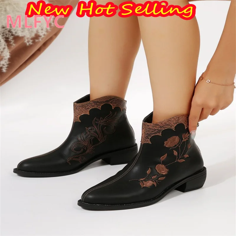 2023 Winter New European and American Back Zipper Women's Boots Fashion Embroidery Flower Large Heel Short Boot