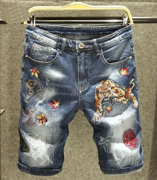 

Summer Tiger Embroidered Denim Shorts ,Summer Loose Knee length Jeans