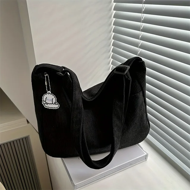 Women’s Corduroy Shoulder Bag, Casual Striped Large Capacity Tote with Zipper Closure, Cute Hat Patch, Perfect for Everyday Use - Image 2